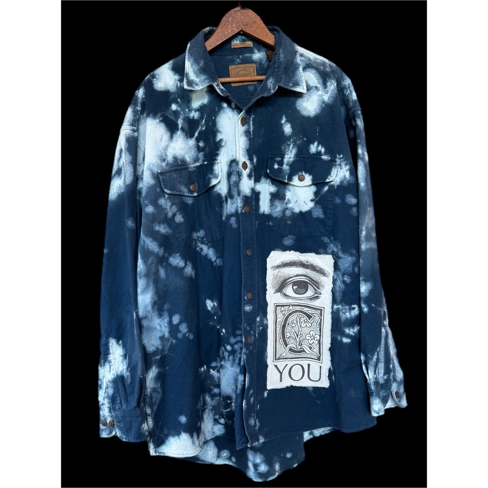 Bleached Indigo Shammy‎ Shacket XL Tall All Seeing Eye Patch Art Wear Jacket - Picture 4 of 10
